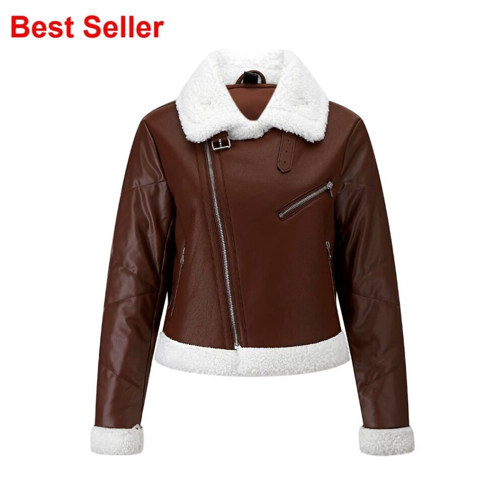 Faux Leather Jacket Fur Lined Cropped Moto Biker Coat